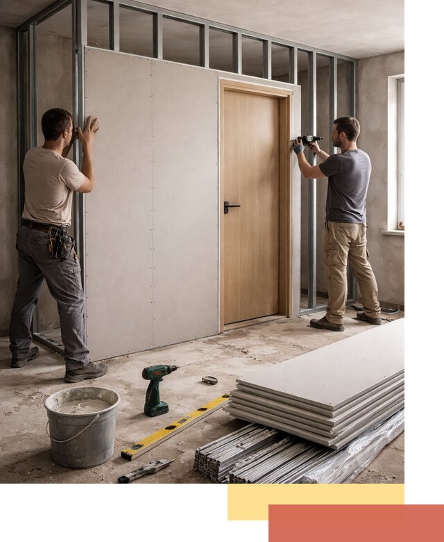 Перегородка из гипсокартона с дверью под ключ в Каменске-Уральском