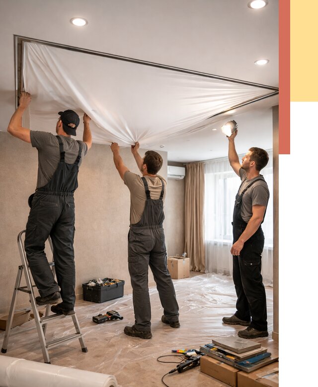 Монтаж ПВХ натяжного потолка в Каменске-Уральском от 3723 руб. под ключ | ОТДЕЛОЧНИК-Кмн