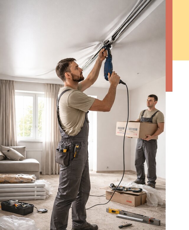 Монтаж сатинового натяжного потолка в Каменске-Уральском от 3723 руб. | Быстро, недорого — ОТДЕЛОЧНИК-Кмн