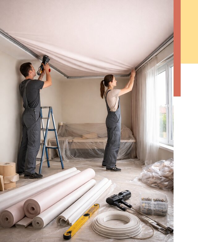 Монтаж цветного натяжного потолка в Каменске-Уральском от 4468 руб/м² — быстро и недорого | ОТДЕЛОЧНИК-Кмн