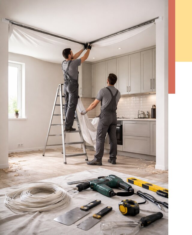 Установка натяжного потолка на кухне в Каменске-Уральском от 2553 руб. | ОТДЕЛОЧНИК-Кмн