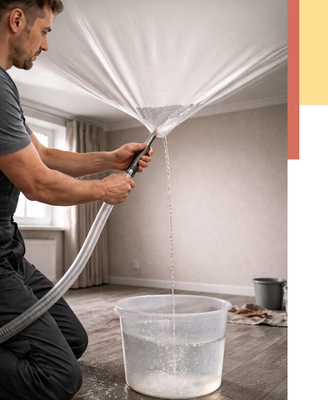 Слив воды с натяжного потолка в Каменске-Уральском от 2660 руб. быстро и недорого | ОТДЕЛОЧНИК-Кмн