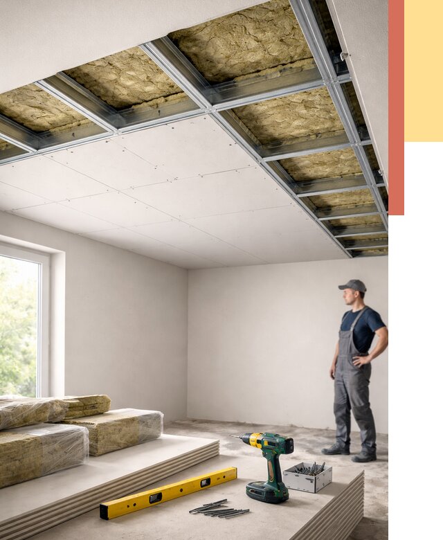 Звукоизоляция потолка ГКЛ в Каменске-Уральском от 1011 руб. — монтаж под ключ | ОТДЕЛОЧНИК-Кмн